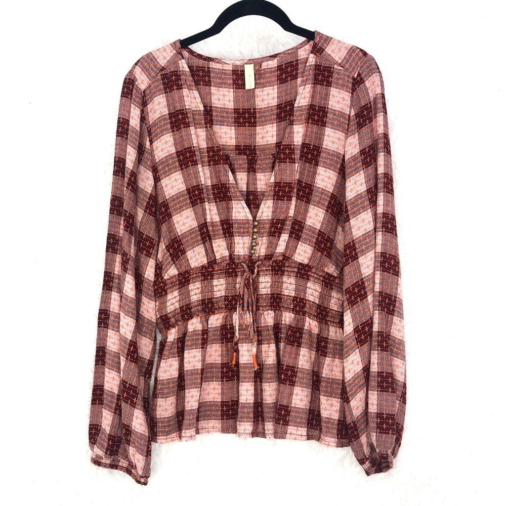 Anthropologie Pilcro Plaid Deep-V Blouse Top Large Red Motif